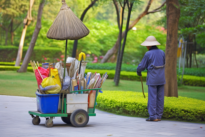 蓝天下清洁工在公园中打扫,高清,摄影图,摄影图片,图片大全,摄影图免费下载